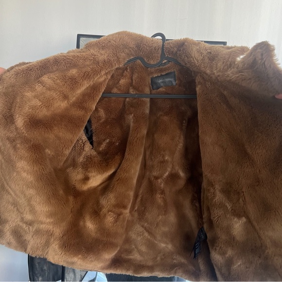 All Saints Black Leather Jacket with Brown Shearling - Picture 3 of 5